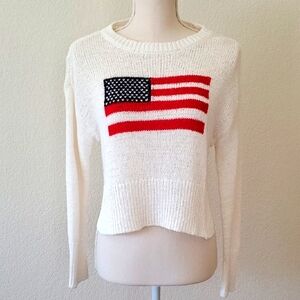 White and Red Crew Neck Sweater with Flag Design